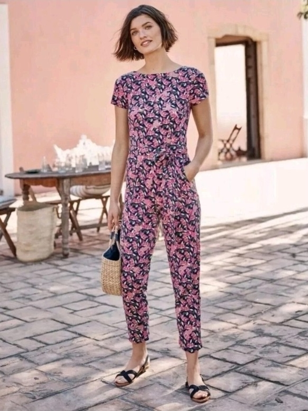 Boden Pink Jaguar Short-Sleeve Jumpsuit - Size 16/18R